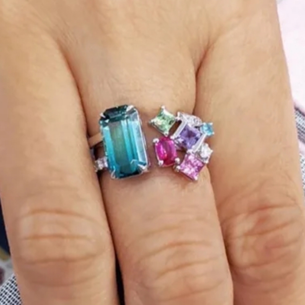 Vibrant Silvery Multi-Gemstone Open Resizable Ring